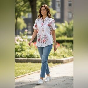 Denim & Flower Ricky Singh Women’s Floral Linen Blend Button Up Shirt Large NWT